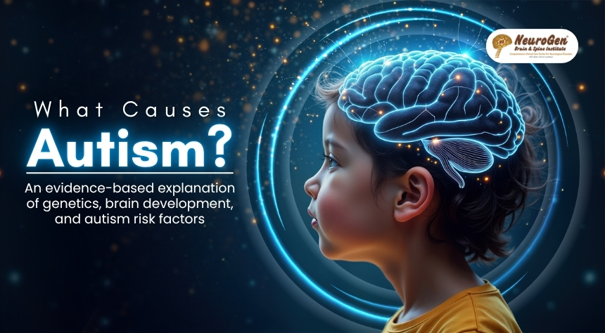 Child profile with illuminated brain illustration representing autism causes, genetics, and brain development